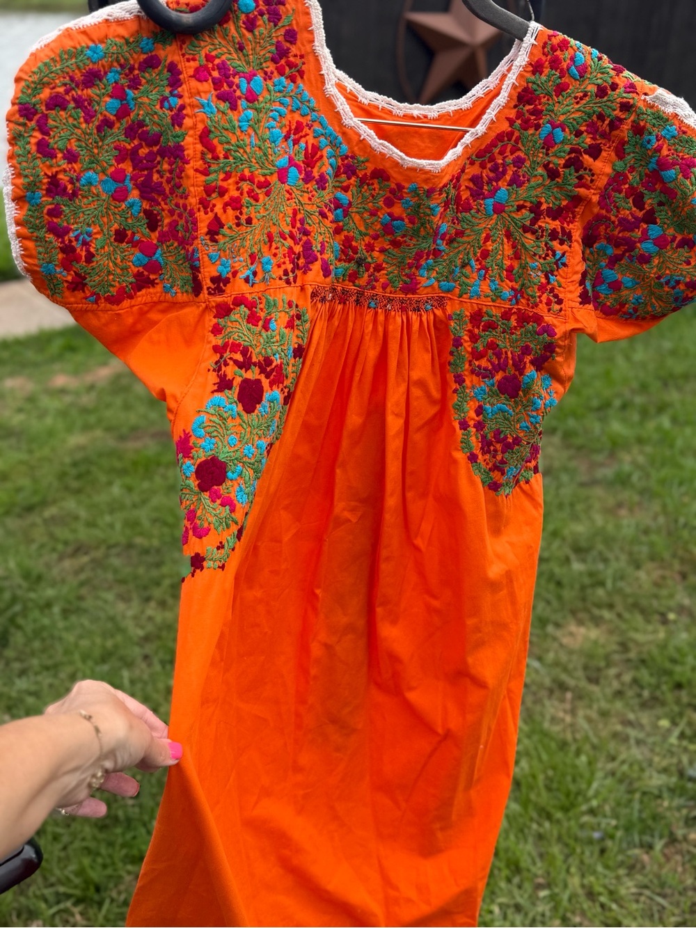 Vintage Oaxaca Mexican Embroidered Caftan Dress Orange Floral Boho Maxi